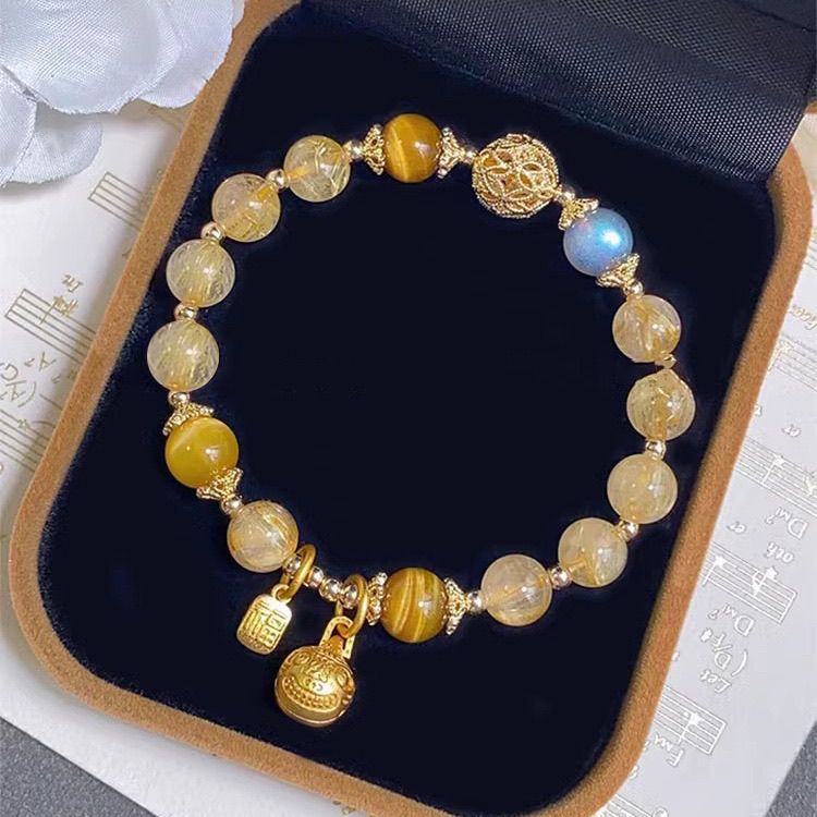 Rutilated Quartz Spiritual Bracelet for Wealth & Protection with Pi Xiu and Cai Charms | Women's Prosperity Bracelet