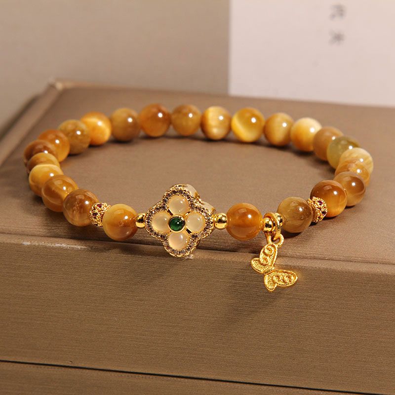 Yellow Tiger's Eye Spiritual Bracelet for Confidence & Luck with Four-Leaf Clover Charm | Women's Spiritual Bracelets
